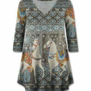 UDEAR Women's Gray & Cream Horse V-Neck Three-Quarter Sleeve Tunic Size XL